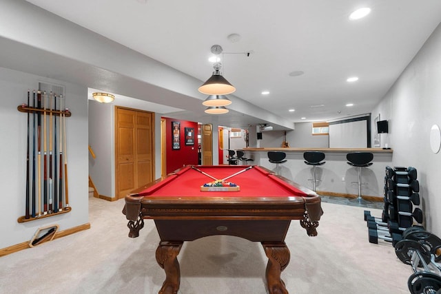 W6928 Westwood Dr, Fond Du Lac, WI 54937 - game room featuring light carpet, baseboards, recessed lighting, a bar, and pool table