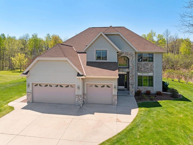 W6928 Westwood Dr, Fond Du Lac, WI 54937 - traditional-style house with stone siding, a front lawn, concrete driveway, a garage, and a shingled roof