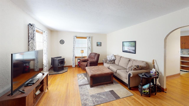5869 State Highway 27, Sparta, WI 54656 - living room with arched walkways, a wood stove, light wood-type flooring, and plenty of natural light
