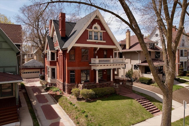 2837 N Marietta Ave, Milwaukee, WI 53211 - view of front of property featuring a chimney, a balcony, a detached garage, a front lawn, and covered porch