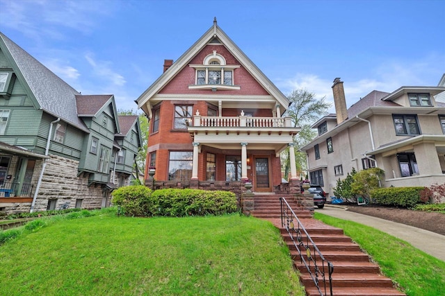 2837 N Marietta Ave, Milwaukee, WI 53211 - victorian-style house featuring a balcony, brick siding, a front yard, and covered porch