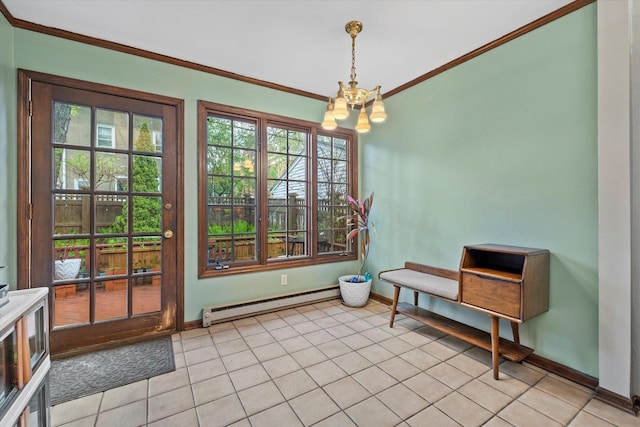 2837 N Marietta Ave, Milwaukee, WI 53211 - doorway to outside featuring baseboard heating, a chandelier, ornamental molding, baseboards, and light tile patterned floors