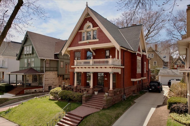 2837 N Marietta Ave, Milwaukee, WI 53211 - view of front of house featuring a balcony, a shingled roof, an outbuilding, a front yard, and covered porch