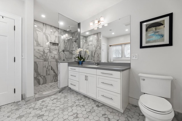 304 16th St, Racine, WI 53403 - full bath featuring toilet, a marble finish shower, vanity, and recessed lighting