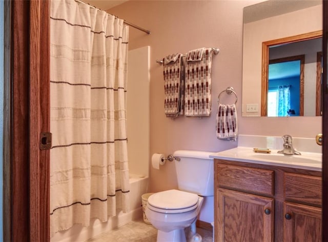 429 Riggs St, Bloomer, WI 54724 - full bath with toilet, vanity, shower / bath combo with shower curtain, and tile patterned floors