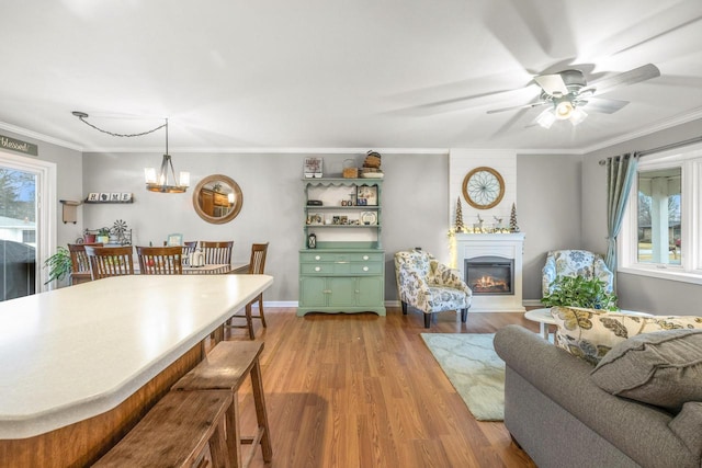 528 High St, Walworth, WI 53184 - living area featuring wood finished floors, a glass covered fireplace, ceiling fan, a chandelier, and baseboards