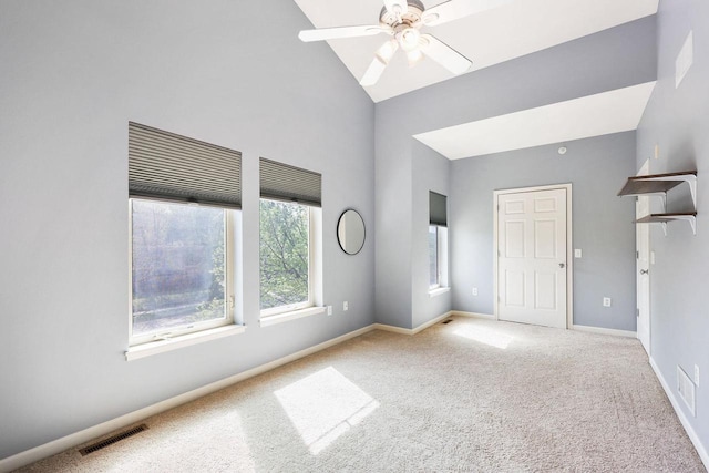 612 N Midvale Blvd, Madison, WI 53705 - unfurnished bedroom featuring carpet, baseboards, high vaulted ceiling, and a ceiling fan