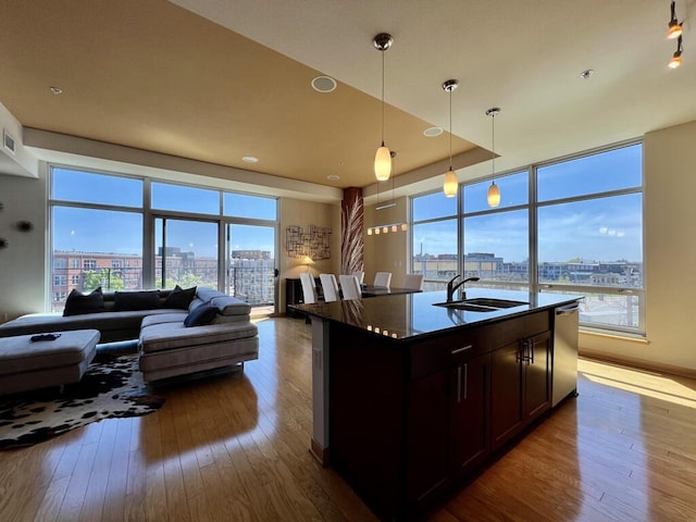 106 W Seeboth St Unit 503, Milwaukee, WI 53204 - kitchen with a view of city, a sink, hardwood / wood-style floors, stainless steel dishwasher, and decorative light fixtures