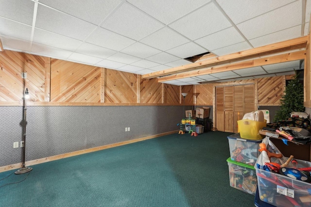 W308S2787 Wild Berry Ct, Waukesha, WI 53188 - below grade area featuring carpet flooring, baseboards, a paneled ceiling, and wooden walls
