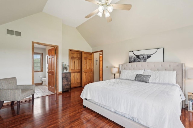 W308S2787 Wild Berry Ct, Waukesha, WI 53188 - bedroom with wood finished floors, high vaulted ceiling, ceiling fan, and connected bathroom