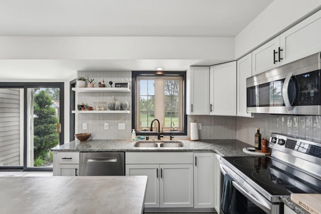 W308S2787 Wild Berry Ct, Waukesha, WI 53188 - kitchen with appliances with stainless steel finishes, a sink, white cabinets, open shelves, and tasteful backsplash