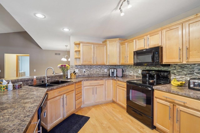 802 Herndon Dr Unit C, Madison, WI 53718 - kitchen with black appliances, light brown cabinetry, a sink, light wood-type flooring, and recessed lighting