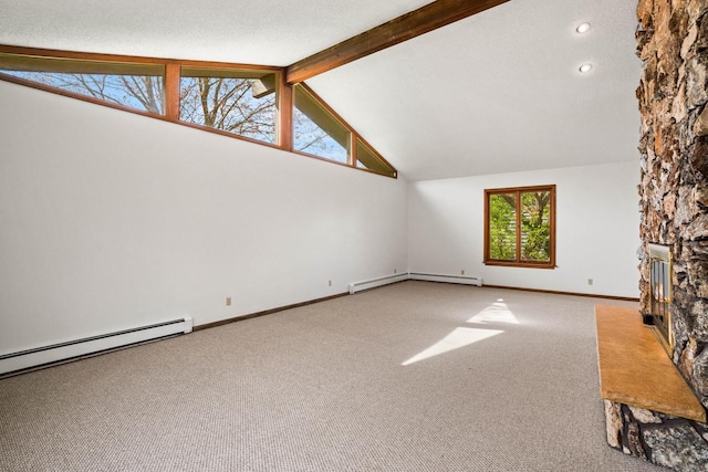9 Sandalwood Ct, Wind Point, WI 53402 - additional living space featuring a baseboard radiator, carpet floors, beamed ceiling, baseboards, and recessed lighting