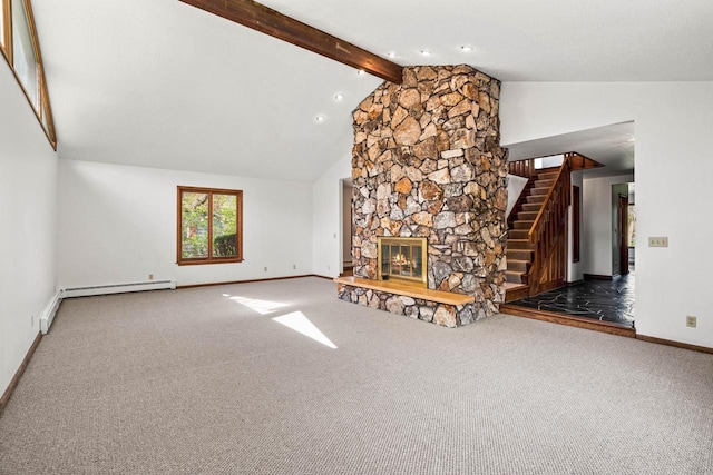 9 Sandalwood Ct, Wind Point, WI 53402 - unfurnished living room featuring baseboards, beamed ceiling, carpet flooring, stairway, and a stone fireplace