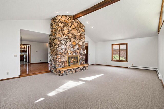 9 Sandalwood Ct, Wind Point, WI 53402 - unfurnished living room with baseboards, carpet flooring, a stone fireplace, beamed ceiling, and high vaulted ceiling