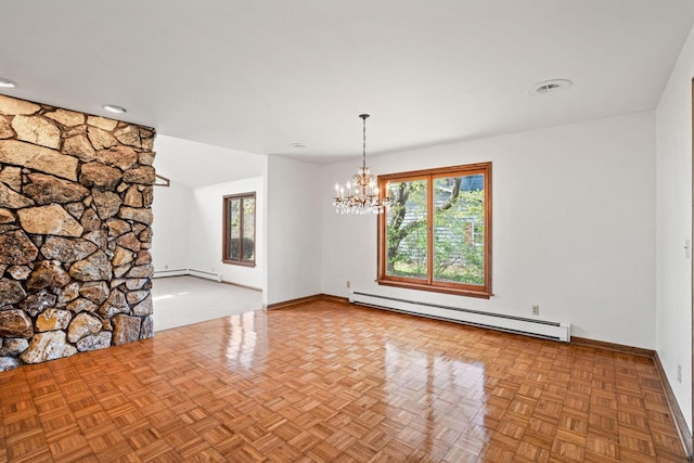 9 Sandalwood Ct, Wind Point, WI 53402 - unfurnished dining area featuring a baseboard heating unit, a chandelier, and baseboards