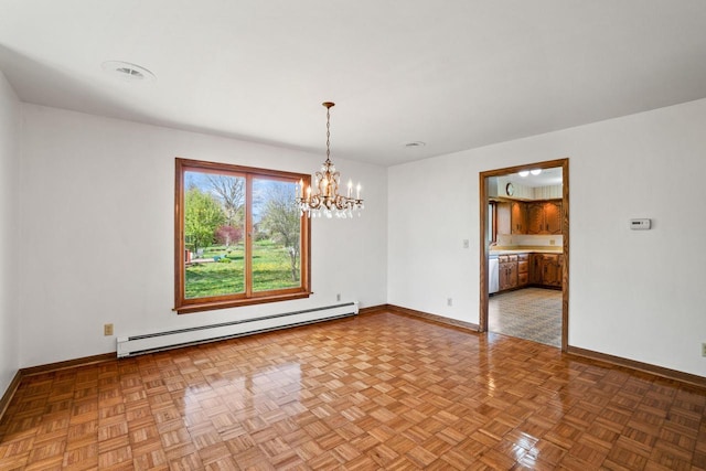 9 Sandalwood Ct, Wind Point, WI 53402 - unfurnished dining area with baseboard heating, baseboards, and a chandelier
