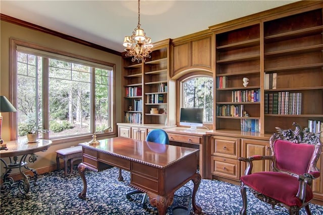 7379 124th St, Chippewa Falls, WI 54729 - home office featuring a chandelier, crown molding, and built in features