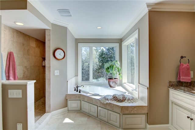 7379 124th St, Chippewa Falls, WI 54729 - bathroom with walk in shower, ornamental molding, a bath, vanity, and baseboards