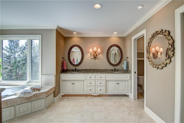 7379 124th St, Chippewa Falls, WI 54729 - full bath with recessed lighting, double vanity, toilet, crown molding, and a bath