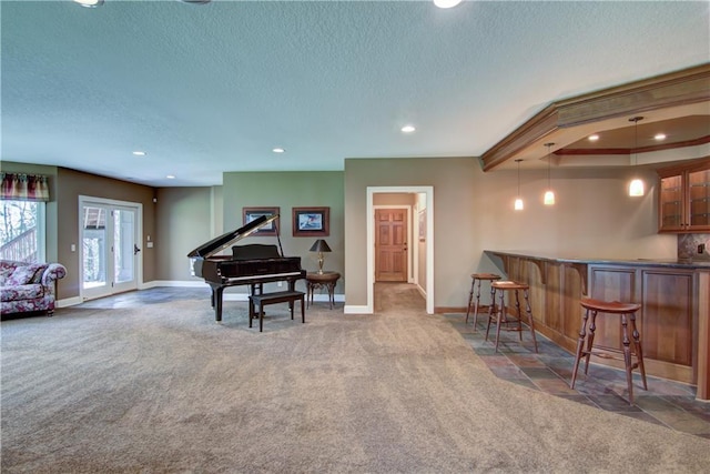 7379 124th St, Chippewa Falls, WI 54729 - living area featuring carpet, bar, baseboards, a textured ceiling, and recessed lighting