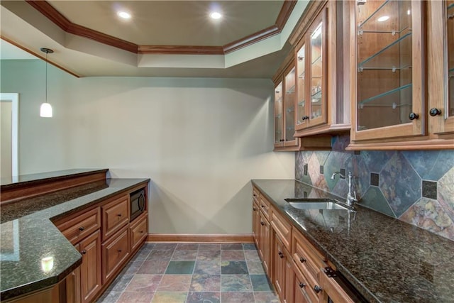 7379 124th St, Chippewa Falls, WI 54729 - bar area featuring baseboards, a sink, built in microwave, crown molding, and backsplash