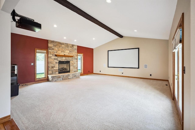 1820 Sampson St, Wisconsin Rapids, WI 54494 - home theater featuring carpet floors, baseboards, recessed lighting, and a fireplace