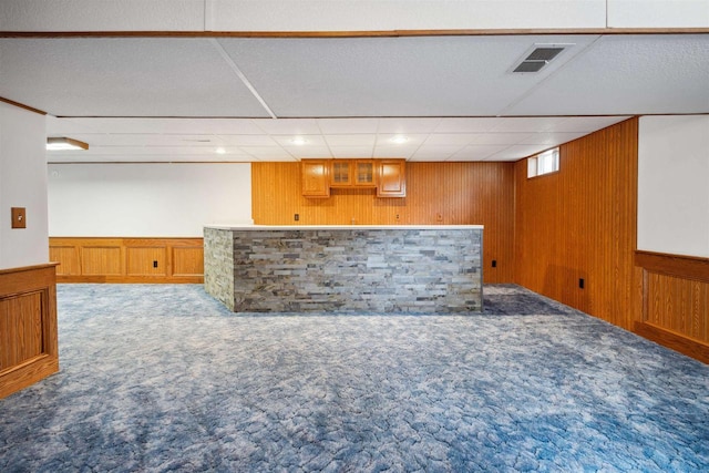 1820 Sampson St, Wisconsin Rapids, WI 54494 - below grade area with wainscoting, a dry bar, carpet floors, a drop ceiling, and recessed lighting
