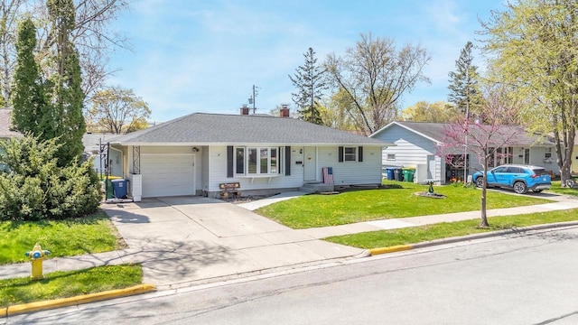 1083 Kenwood St, Green Bay, WI 54304 - ranch-style home with an attached garage, concrete driveway, a front yard, a chimney, and roof with shingles