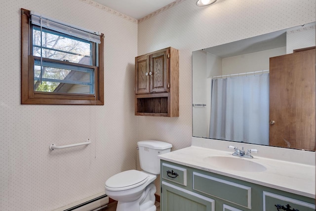 297 Walnut Dr, Onalaska, WI 54650 - bathroom with wallpapered walls, toilet, vanity, a baseboard heating unit, and curtained shower