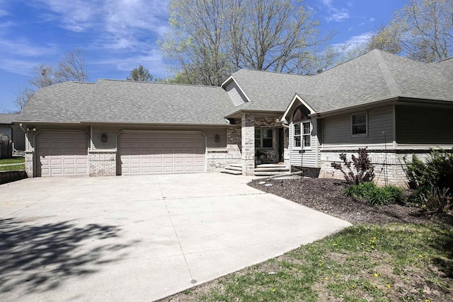 ranch-style house with an attached garage, concrete driveway, a shingled roof, brick siding, and fence