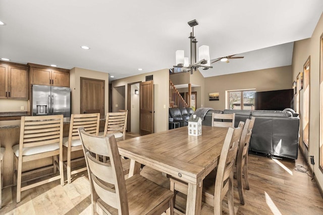 416 Sommers St, Stevens Point, WI 54481 - dining room featuring light wood finished floors, stairway, ceiling fan, recessed lighting, and a chandelier