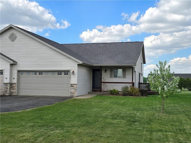 13570 42nd Ave, Chippewa Falls, WI 54729 - ranch-style house with driveway, an attached garage, a front lawn, a porch, and roof with shingles