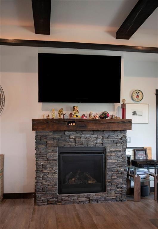 20398 64th Ave, Chippewa Falls, WI 54729 - detailed view of a stone fireplace, wood finished floors, and baseboards