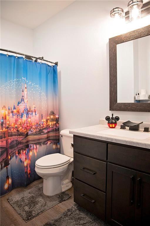 20398 64th Ave, Chippewa Falls, WI 54729 - bathroom with toilet, vanity, wood finished floors, and curtained shower