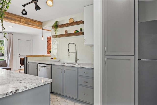3486 Hargrove St, Madison, WI 53714 - kitchen featuring gray cabinets, a sink, open shelves, light stone counters, and beamed ceiling
