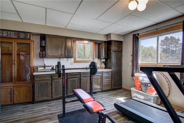 N492 County Road D, Eau Galle, WI 54737 - exercise room featuring a paneled ceiling, light wood-type flooring, and baseboards
