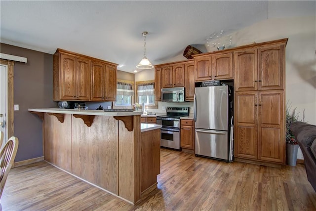N492 County Road D, Eau Galle, WI 54737 - kitchen with stainless steel appliances, lofted ceiling, brown cabinetry, a peninsula, and light wood-style flooring