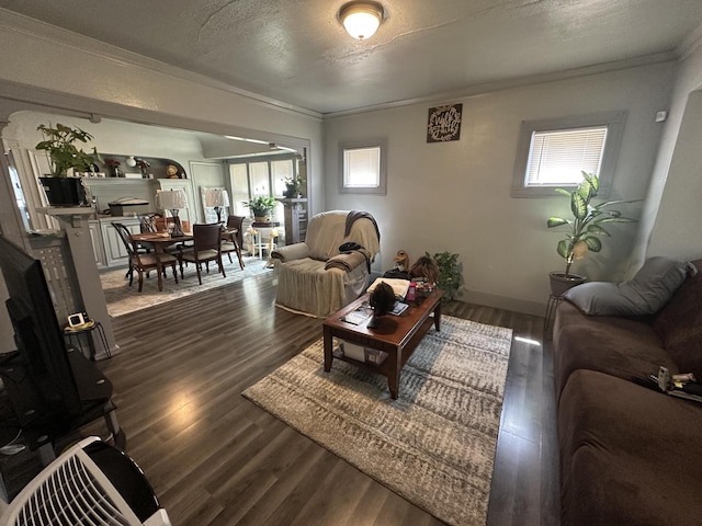living area featuring ornamental molding, dark wood-type flooring, and a textured ceiling