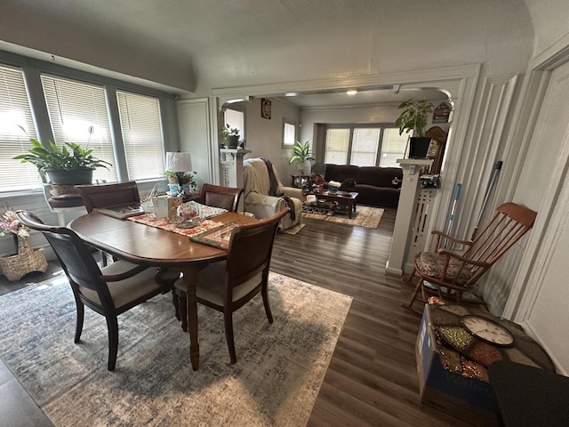 dining room featuring wood finished floors and arched walkways