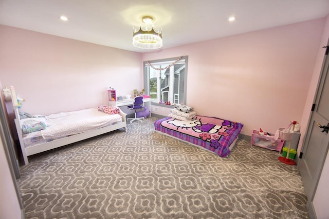bedroom featuring recessed lighting and carpet
