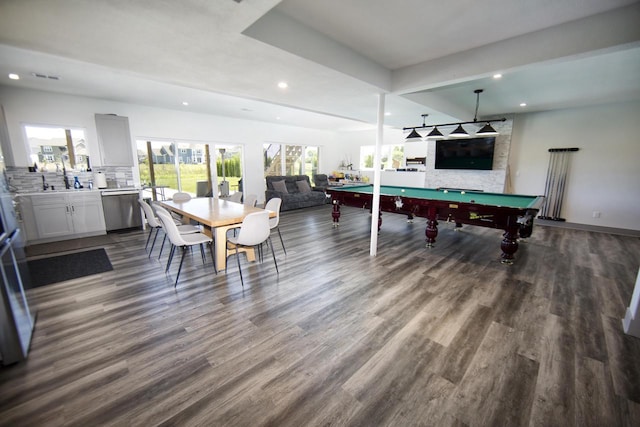 game room with billiards table, recessed lighting, and dark wood-style floors