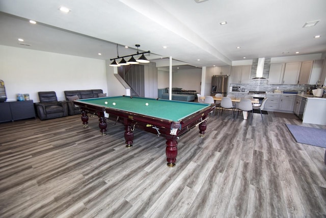game room with billiards, wood finished floors, and recessed lighting