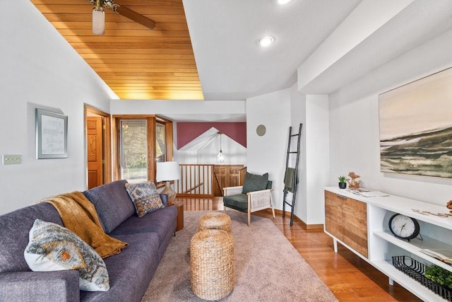 519 Grandview Heights Ct, Menomonie, WI 54751 - living room featuring a ceiling fan, wood ceiling, recessed lighting, wood finished floors, and vaulted ceiling
