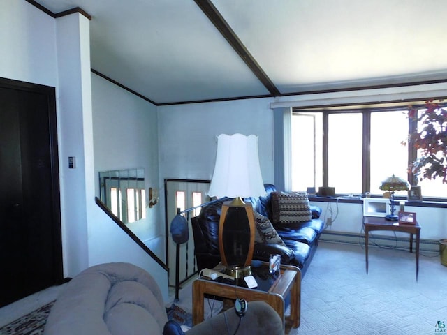 8305 Half Moon Dr, Iron River, WI 54847 - living area with carpet flooring, a baseboard radiator, and crown molding