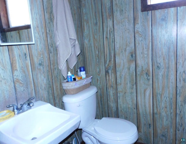 8305 Half Moon Dr, Iron River, WI 54847 - bathroom with a sink, toilet, wood walls, and plenty of natural light