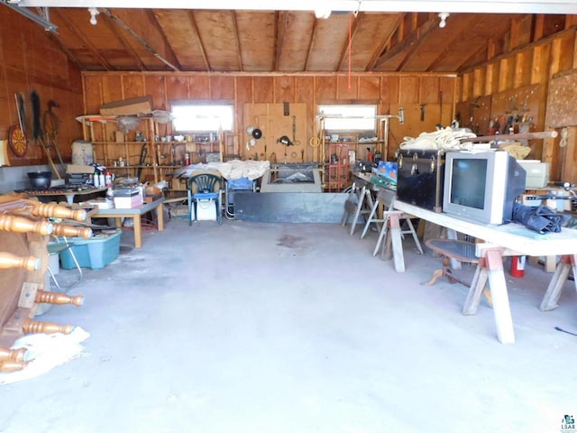 8305 Half Moon Dr, Iron River, WI 54847 - garage featuring a workshop area and wooden walls