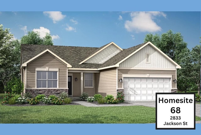 2833 Jackson St, Stoughton, WI 53589 - view of front of property with stone siding, a garage, a front lawn, concrete driveway, and roof with shingles