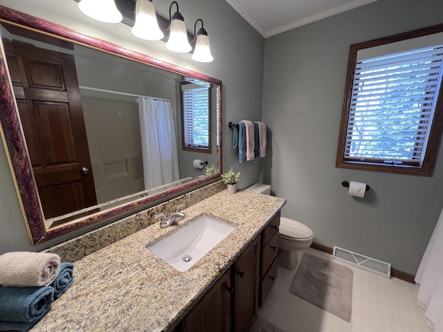 1012 Silent Sunday Ct, Racine, WI 53402 - full bathroom featuring baseboards, toilet, ornamental molding, vanity, and curtained shower