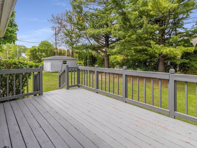 6043 N 118th St, Milwaukee, WI 53225 - wooden terrace with an outdoor structure, a yard, and view of scattered trees